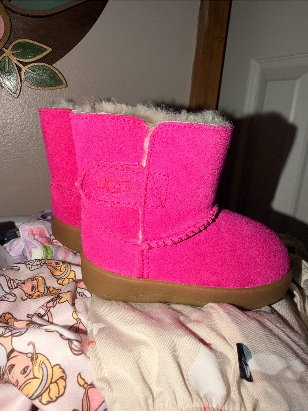 UGG Bright Pink Kids Suede Shearling Boots